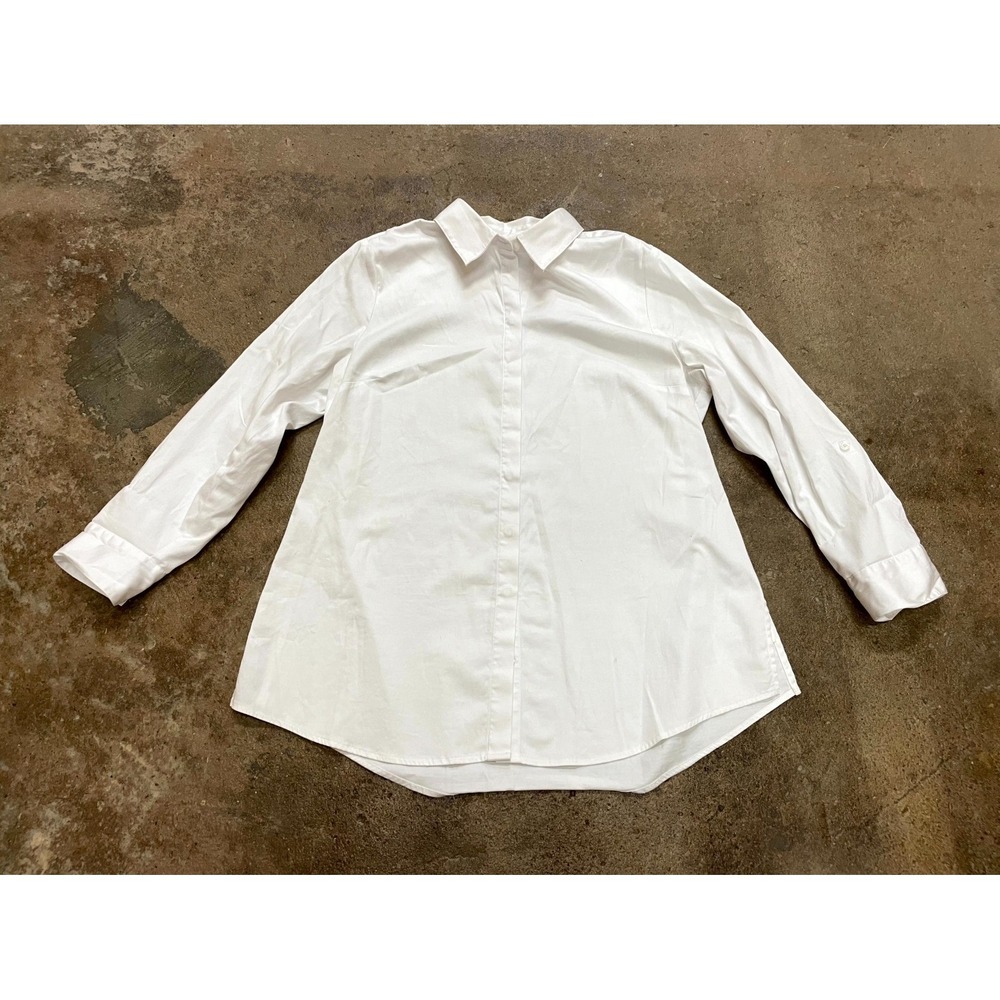 Chico's Shirt Womens 2 White Cotton‎ Stretch Roll Tab Sleeve Button Up Casual
